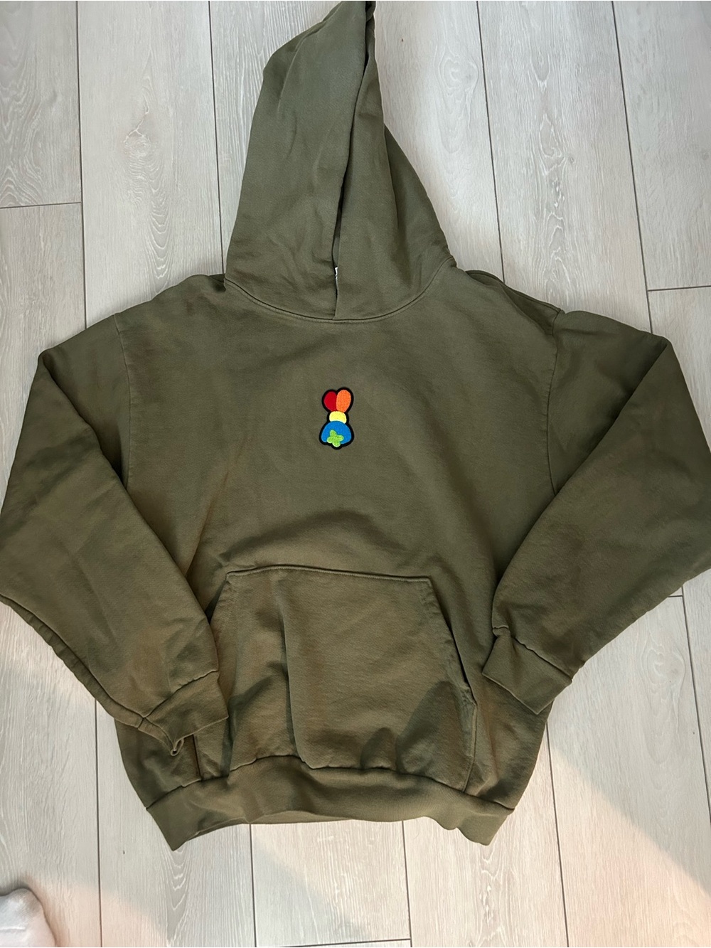Men's Olive Green Crewneck Hoodie with Colorful Chest Patch